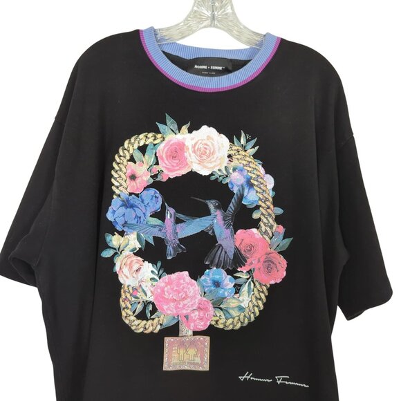 Homme Femme Graphic T-Shirt XXL Large Black Floral Hummingbird Chain Streetwear - Picture 3 of 10